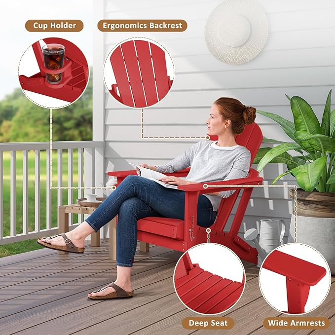 Adirondack Chair with Cushion & Cup Holder, HDPE Folding Adirondack Chair with Wood-Like Grain Outdoor Fire Pit Chairs for Patio/Porch/Swimming Pool/Camping