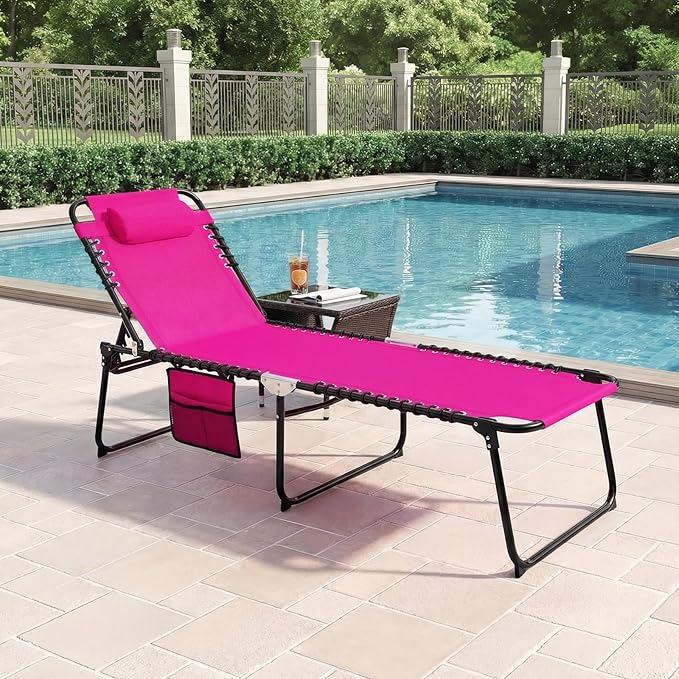 GYMAX Lounge Chairs for Outside, Extra High Folding Beach Tanning Lounger with 4-Level Adjustable Backrest - Photo 2