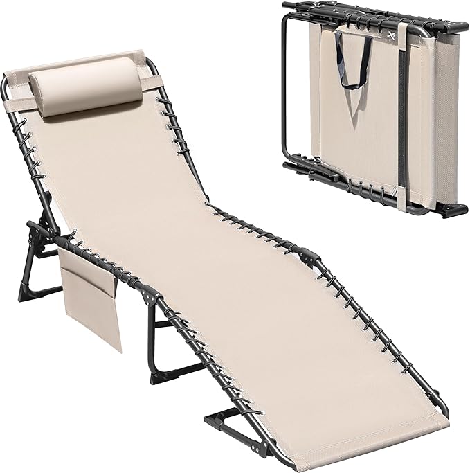 Devoko Lounge Beach Chair for Adults, Outdoor Sun Tanning Chair, Portable Folding Camping Lay Chaise Lounge Chairs for Outside Beach Pool Reading, Sunbathing (1, Beige)