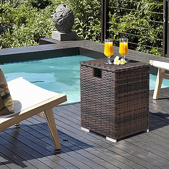 Outdoor Wicker Side Table with Storage Space, Square PE Rattan End Table for Patio Garden Poolside Deck