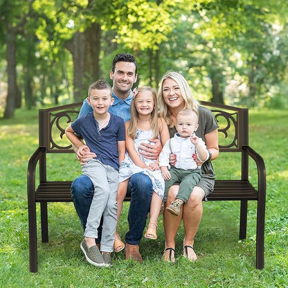 50" Outdoor Garden Bench, Iron Metal Frame Patio Bench with Backrest Armrests, Weatherproof Anti-Rust Outdoor Bench for Front Porch, Park, Yard, Patio (403-GOLDEN)