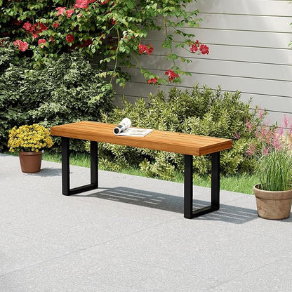 HAPPYGRILL Acacia Wood Bench for 2 People, Outdoor Dining Bench with Metal Legs & Adjustable Foot Pads, for Entryway, Garden, Poolside, Balcony, 800 LBS (1)