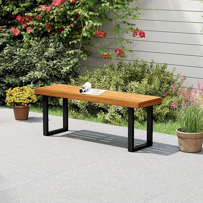 HAPPYGRILL Acacia Wood Bench for 2 People, Outdoor Dining Bench with Metal Legs & Adjustable Foot Pads, for Entryway, Garden, Poolside, Balcony, 800 LBS (2)