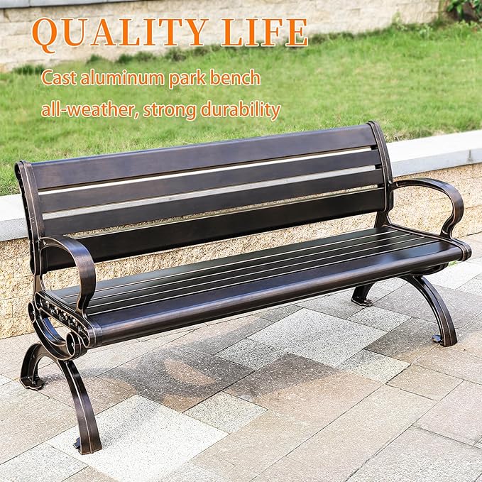 Outdoor Bench Chair Cast Aluminum Garden Bench Patio Bench All-Weather Park Bench for Backyard Porch Lawn - Photo 9