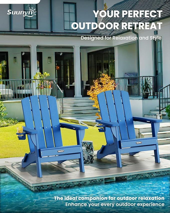 Folding Adirondack Chair 6 Pack, HDPE All-Weather Fire Pit Chairs, Plastic Adirondack Chairs with 2 Cup Holder, Outdoor Lawn Chair for Patio Garden (Royal Blue)