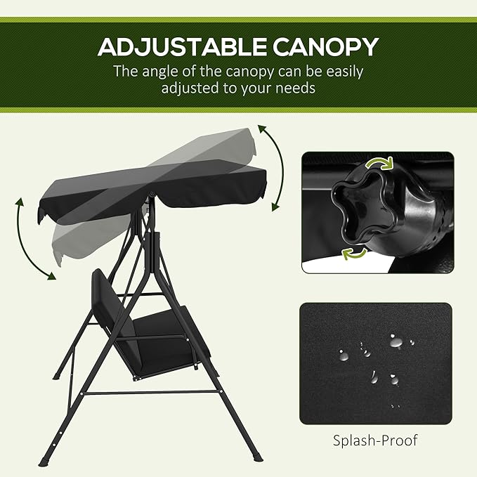 Outsunny 3-Seat Outdoor Patio Swing Chair with Removable Cushion, Steel Frame Stand and Adjustable Tilt Canopy for Patio - Photo 3
