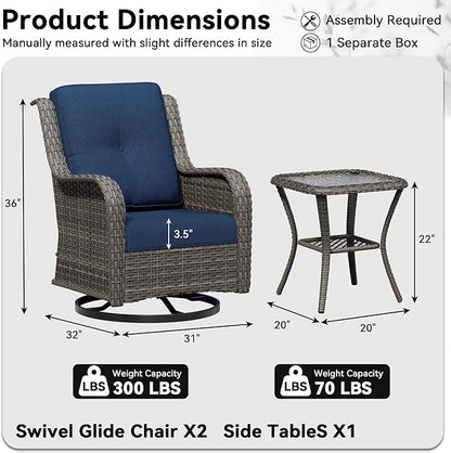 3 Piece Outdoor Wicker Patio Furniture Set, Swivel Rocker Patio Chairs Set with Thickened Olefin Cushions, High Back and Deep Seating, Hand-Woven PE Rattan for Porch, Deck