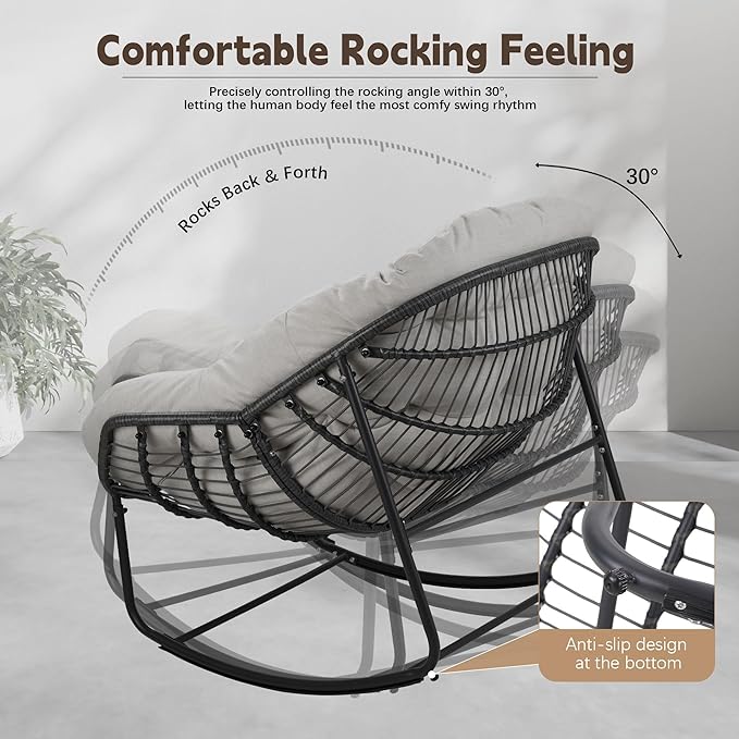 Outdoor Rocking Chair Set of 2, Patio Wicker Egg Chair, Indoor & Outdoor Double Papasan Chair with Padded Cushion, Royal Rattan Rocker for Front Porch, Garden, Patio (Light Grey)