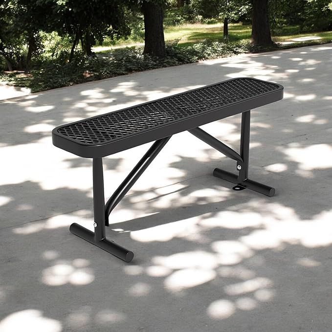 4ft Outdoor Metal Park Bench, 48" Backless Heavy-Duty Commercial Black Garden Bench with Expanded Steel Mesh Seat, Weatherproof Park Patio Dining Table Bench for Backyard Lawn School Porch Deck
