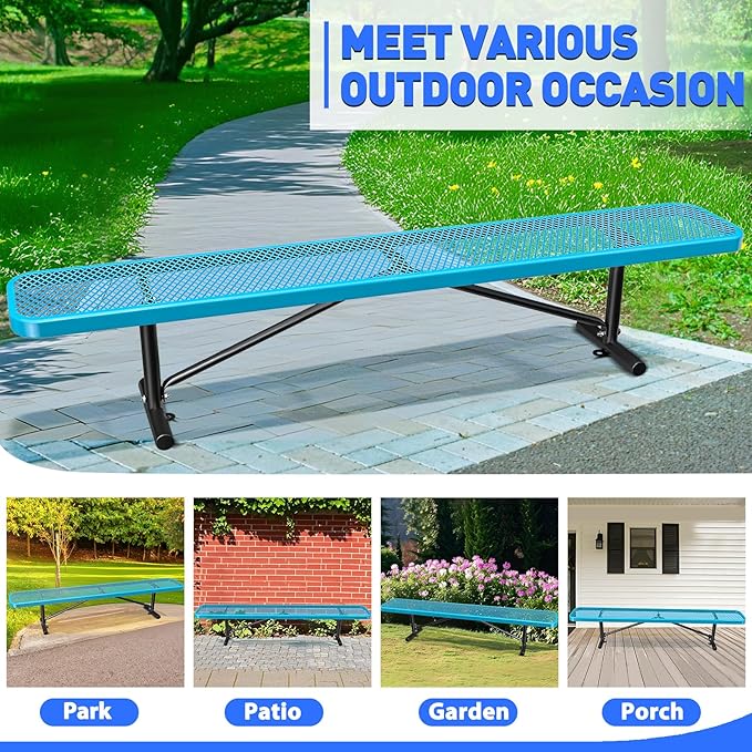 8FT Park Benches for 4-7 People, Weatherproof Commercial Garden Bench, Iron Steel Frame Patio Heavy Duty Mesh Rectangular Outdoor Benches for Outside, Lawn, Yard, Porch Work Entryway