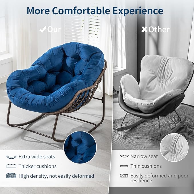 HOMEFUN Outdoor Patio Rocking Chairs Set of 2, Oversized Papasan Rock Chair Indoor with Velvet Padded Cushion - Rocker Egg Seat for Front Porch, Garden, Backyard Navy