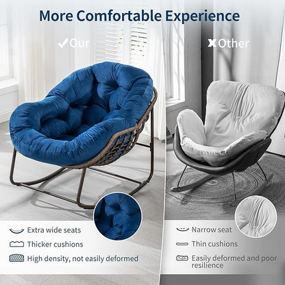 HOMEFUN Outdoor Patio Rocking Chairs Set of 2, Oversized Papasan Rock Chair Indoor with Velvet Padded Cushion - Rocker Egg Seat for Front Porch, Garden, Backyard Navy