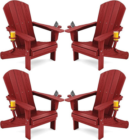 SERWALL Adirondack Chair with Cup Holders - Composite Adirondack Chairs Set of 4 HDPE Outdoor Chairs All Weather Use- Dark Red