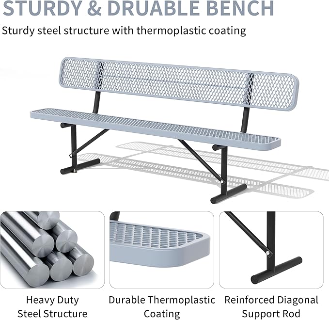 4/6/8 Feet Park Bench for Outside Heavy Duty Metal, Garden Benches Outdoor Bench with Backrest & Portable Frame, for Shopping Malls Stores Parks Patios Decks, Grey