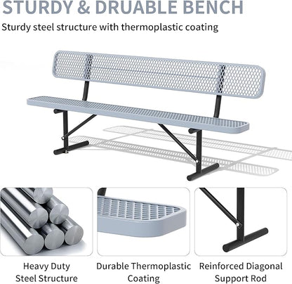 4/6/8 Feet Park Bench for Outside Heavy Duty Metal, Garden Benches Outdoor Bench with Backrest & Portable Frame, for Shopping Malls Stores Parks Patios Decks, Grey