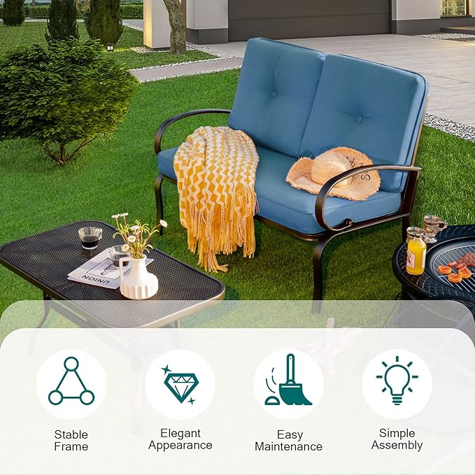DORTALA 2-Piece Patio Furniture Set, Outdoor Indoor Loveseat and Coffee Table Set, Outdoor Sofa Metal Garden Bench with Soft Cushions, for Balcony, Lawn,Porch, Poolside, Navy