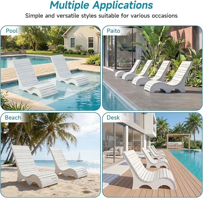 Pool Lounge Chairs Set of 2 for Baja Shelf, Ergonomic S-Contour Pool Lounger for Ultimate Comfort, HDPS Non-Absorbent Material Pool Chairs with Unique M-Shape Base Anti-Float for Patio (White)