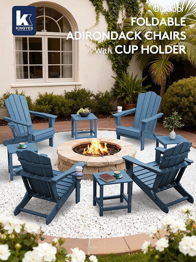 KINGYES Folding Adirondack Chair, HDPE All-Weather Patio Chairs with Cup Holder - Photo 2