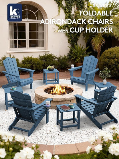 KINGYES Folding Adirondack Chair Set of 8, HDPE All-Weather Patio Chairs with Cup Holder, Wooden Textured Fire Pit Chairs for Poolside, Backyard, Deck, Navy