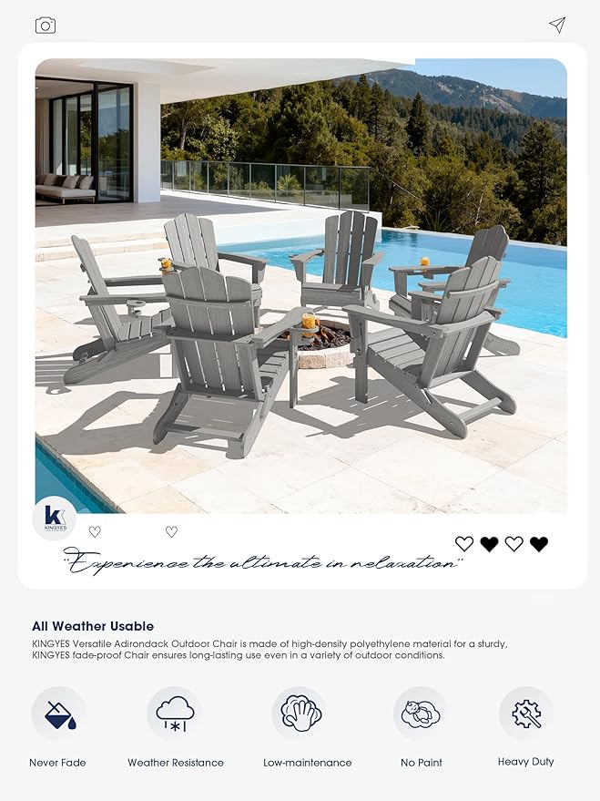 KINGYES Folding Adirondack Chair Set of 8, HDPE All-Weather Patio Chairs with Cup Holder - Photo 5