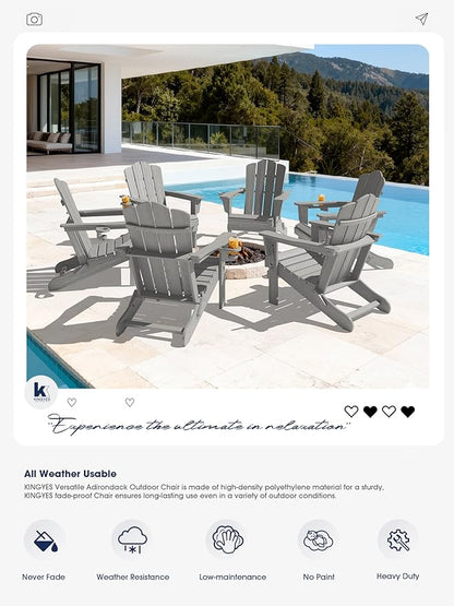 KINGYES Folding Adirondack Chair Set of 8, HDPE All-Weather Patio Chairs with Cup Holder, Wooden Textured Fire Pit Chairs for Poolside, Backyard, Deck, Silver Grey