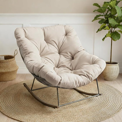 Outdoor Patio Rocking Chair, Oversized Papasan Chair with Cushion and Frame, Comfy Modern Rocker Egg Chair for Living Room, Garden Backyard,Beige