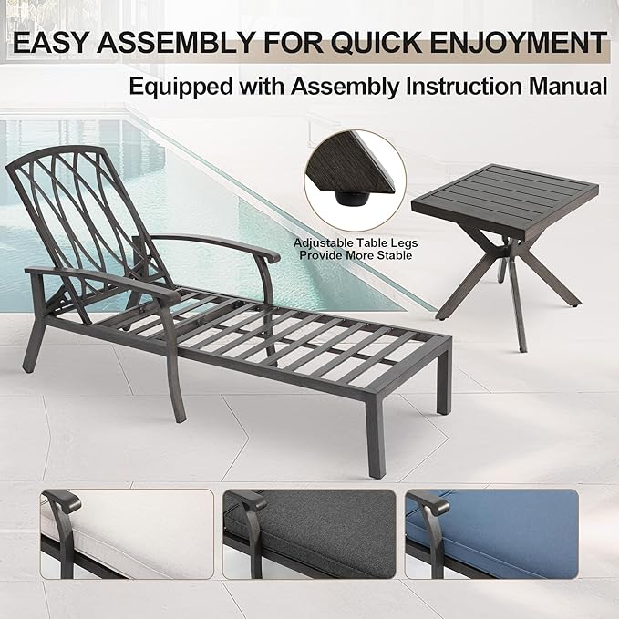 2 Chaise Lounge Chairs with 1 Side Table, Cast Aluminum Tanning Chair with Adjustable 5 Position Recliner, Beige Cushion and Wheels, 3 Piece Set for Outside Beach Patio Pool Lawn