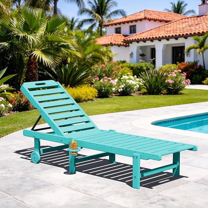 SERWALL Patio Chaise Lounge Chair, HDPE Outdoor Lounge Chair with Cup Holder - Photo 2