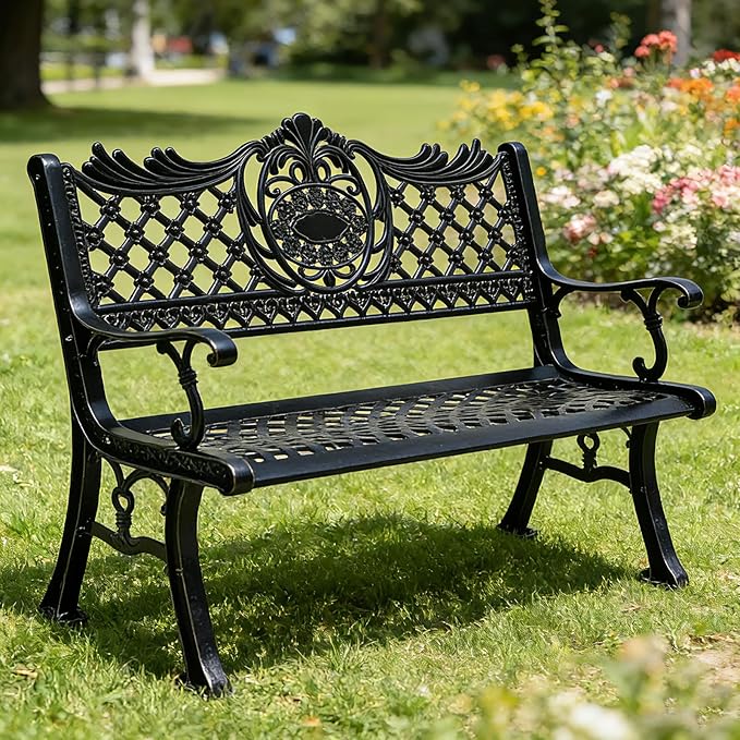 51" Outdoor Bench Garden Bench Cast Aluminum Bench with Floral Back Metal Front Porch Benches for Yard Patio Entryway Park (Matte Black)