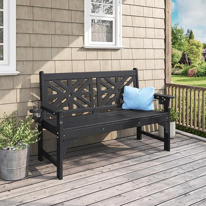 Oversized Outdoor Bench Set of 2, 51.5” HDPE Aesthetic Garden Bench with Cup Holders, Memorial Benches - Easy Assembly & All Weather, for Porch & Patio, 800lbs Load Capacity (Black)