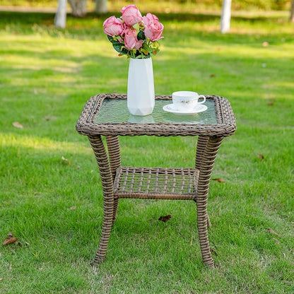 VIVIJASON Outdoor Wicker Side Table, All-Weather Rattan Patio Side Table Bistro Table with 2-Tier Storage, Tempered Glass Top Square End Table for Indoor, Balcony, Garden, Porch, Deck, Brown