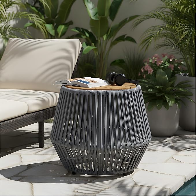 Merax Bohemian Round Outdoor Side Table with Acacia Wood Top and Grey Handwoven Rope Base, Boho Patio Coffee Table for Garden, Pool, Deck, Balcony, Yard