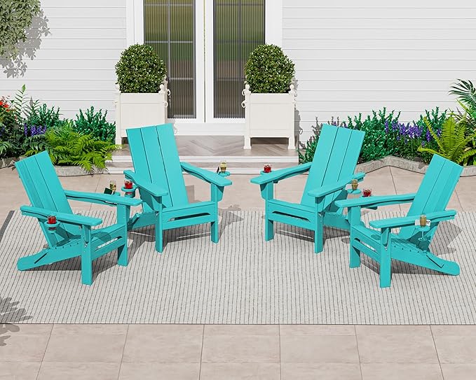 SERWALL Modern Adirondack Chair Set of 2, Folding Adirondack Chair with Cup Holders, Outdoor HDPE Adirondack Chair, Teal - Photo 2