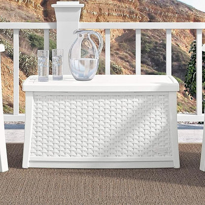Suncast Elements 30-Gallon End Table with Storage - Lightweight Resin Outdoor Storage Patio and Coffee Table for Cushions, Gardening Tools and Toys - Store Items on Patio - White, Made in the USA