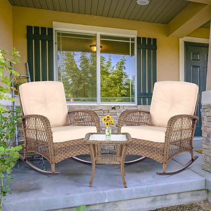 MEETWARM 3 Pieces Outdoor Wicker Rocking Chair Set - Photo 8