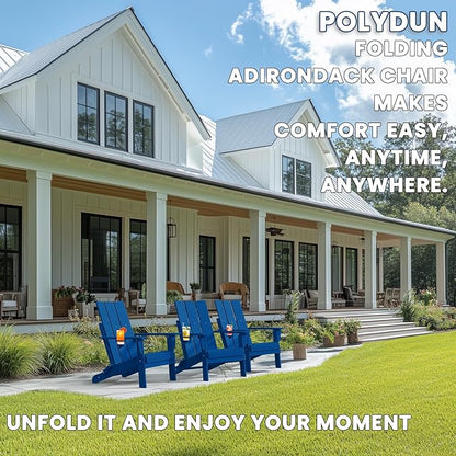 Adirondack Chair with Cup Holder Set of 4, Folding Outdoor Lawn Chair, HDPE Plastic Fire Pit Chair, Weather Resistant Patio Chairs for Deck, Porch, Backyard, Garden, Navy Blue