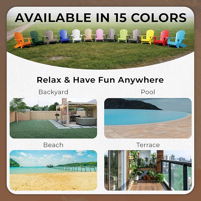 Ecommersify Folding Adirondack Chair with Cup Holder - (Weather Wood) - Heavy Duty Recycled Poly Lumber Folding Chair - Amish Crafted Outdoor Furniture - Made in USA