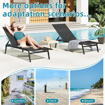 AECOJOY Patio Lounge Chairs for Outside, Adjustable Outdoor Chaise Lounge with Wheels and Adjustable 5-Position Recliner for Pool, Beach, Backyard, Deck, Lawn, Black, 2PCS