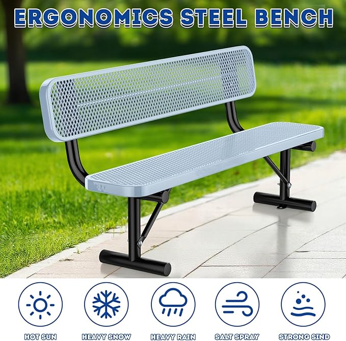 Heavy-Duty Park Bench for Outside - Black Coated Outdoor Furniture Steel Bench, Commercial-Grade Outdoor Benches Weatherproof for Park, Patio, Porch (Portable with Back, 4/6/8 Ft) (Grey, 6FT)
