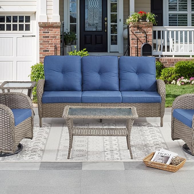 Belord 38 Inch Outdoor Coffee Table with 2 Tier Storage - Wicker Coffee Table with Water Ripple Texture Tempered Glass Top, All Weather Patio Coffee Table for Deck Porch Balcony Garden Gray