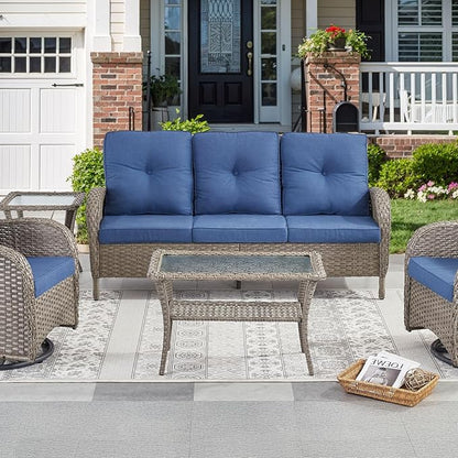 Belord 38 Inch Outdoor Coffee Table with 2 Tier Storage - Wicker Coffee Table with Water Ripple Texture Tempered Glass Top, All Weather Patio Coffee Table for Deck Porch Balcony Garden Gray