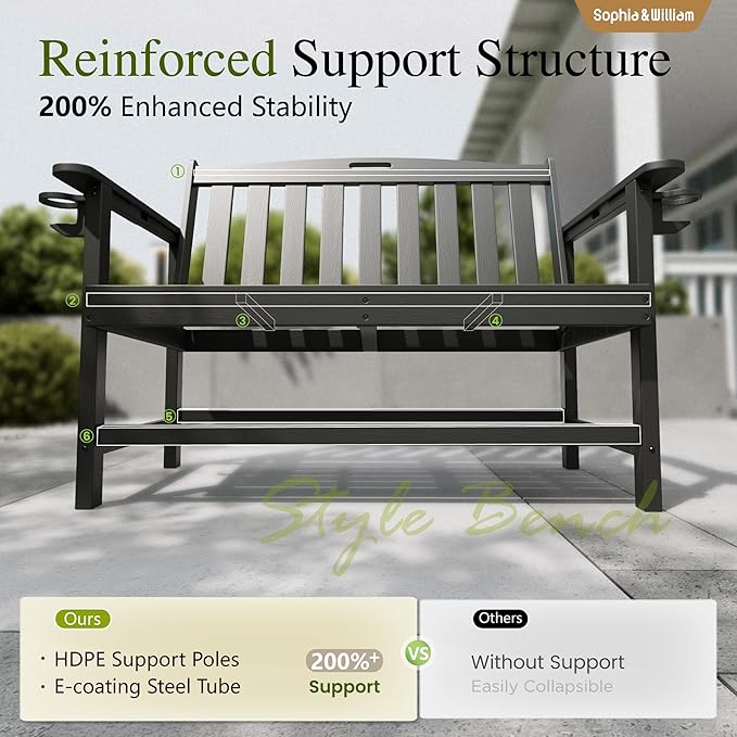 Sophia & William HDPE Outdoor Bench Weatherproof, 2-Person Garden Bench with Cup Holders, 700 lbs Capacity, Patio Benches for Porch, Garden, Backyard and Park, Black