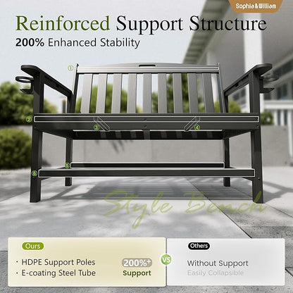 Sophia & William HDPE Outdoor Bench Weatherproof, 2-Person Garden Bench with Cup Holders, 700 lbs Capacity, Patio Benches for Porch, Garden, Backyard and Park, Black