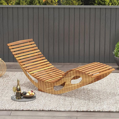 Giantex Acacia Wood Outdoor Rocking Chair, Patio Lounge Chair with Ergonomic Curved & Slatted Seat, High Back, Bottom Stopper, Outside Chaise Lounge, 63”x23.5”x26” Pool Lounger for Porch, Yard (1)
