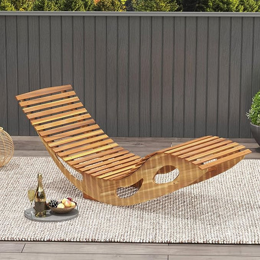 Giantex Acacia Wood Outdoor Rocking Chair, Patio Lounge Chair with Ergonomic Curved & Slatted Seat, High Back, Bottom Stopper, Outside Chaise Lounge, 63”x23.5”x26” Pool Lounger for Porch, Yard (1)