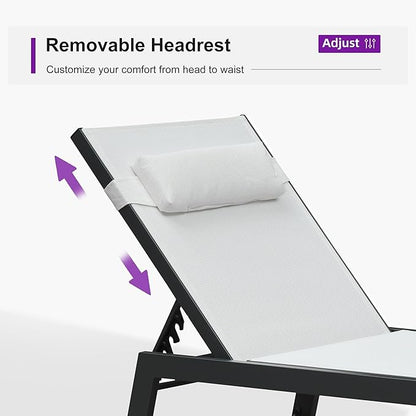 PURPLE LEAF Outdoor Oversized Lounge Chair Set of 3 Patio Chaise Pool Lounger Aluminum Frame with Side Table and Wheels for Outside Sunbathing Tanning Recliner Including Pillows White