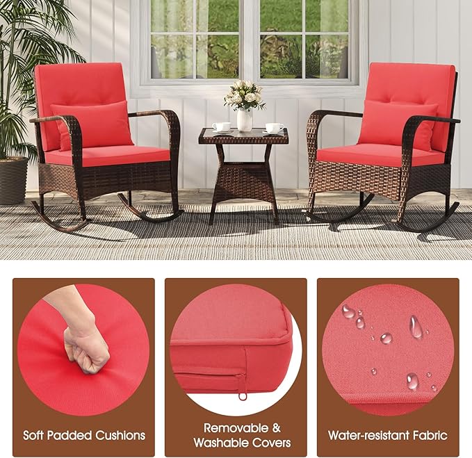 ORALNER 3 Pieces Patio Furniture Set, Outdoor Wicker Rocking Chairs with Cushions, Pillows, Glass Coffee Table, Rattan Bistro Rocker Set for Balcony Front Porch Poolside Garden Deck Yard (Red)