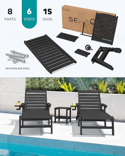 SERWALL Patio Chaise Lounge Chair Set of 6, 5 Positions Adjustable Poly Outdoor Lounger for Pool, HDPE Lounge Chair with Rolling Wheels & Cup Holder for Poolside, Deck, Obsidian Black