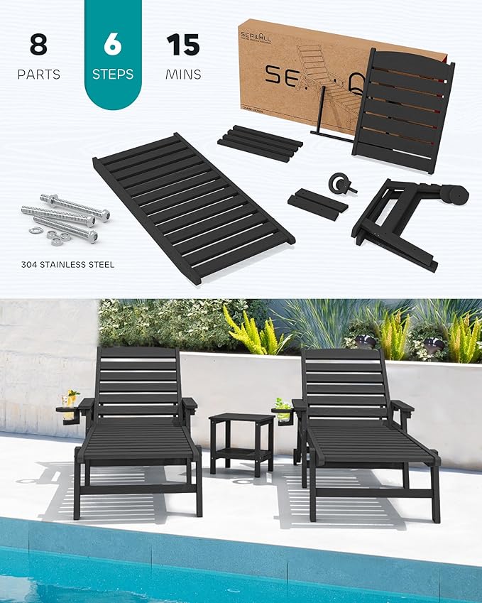 SERWALL Patio Chaise Lounge Chair Set of 4, 5 Positions Adjustable Poly Outdoor Lounger for Pool - Photo 5
