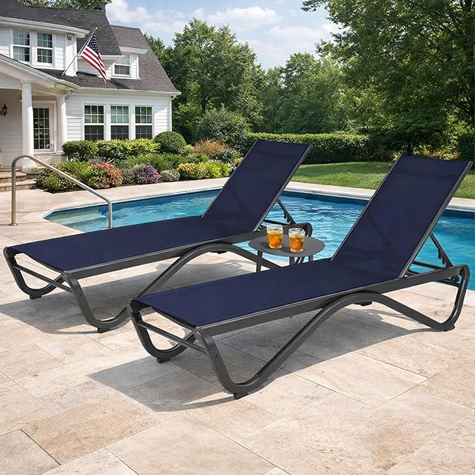 Kozyard Outdoor Chaise Lounge Chair, Full Aluminum Frame and Textilene Fabric, Adjustable Reclining Patio Lounger for Poolside, Sunbathing & Backyard (NavyBlue, 2Chairs with Table)